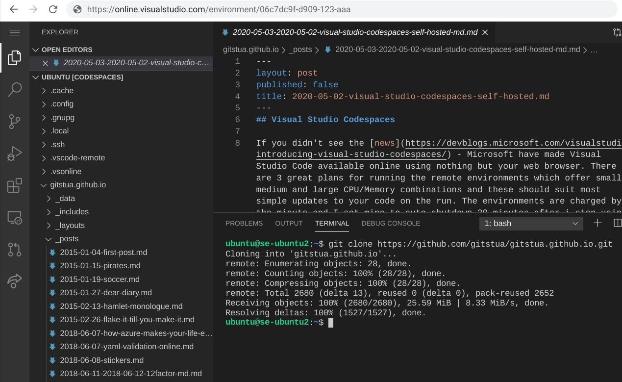 screenshot of visual studio codespaces running on self-hosted ubuntu
